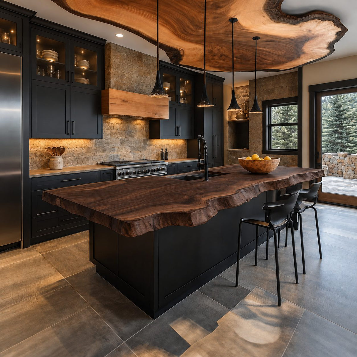 Undulating Edge Kitchen Island Top, Live Edge Solid Wood Countertop for Rustic Lodge Kitchen, 47-100 Inch