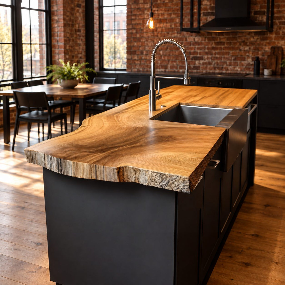 Sink Cut-Out Live Edge Kitchen Countertop, Solid Wood Island Top with Wavy Natural Front 47-100 Inch