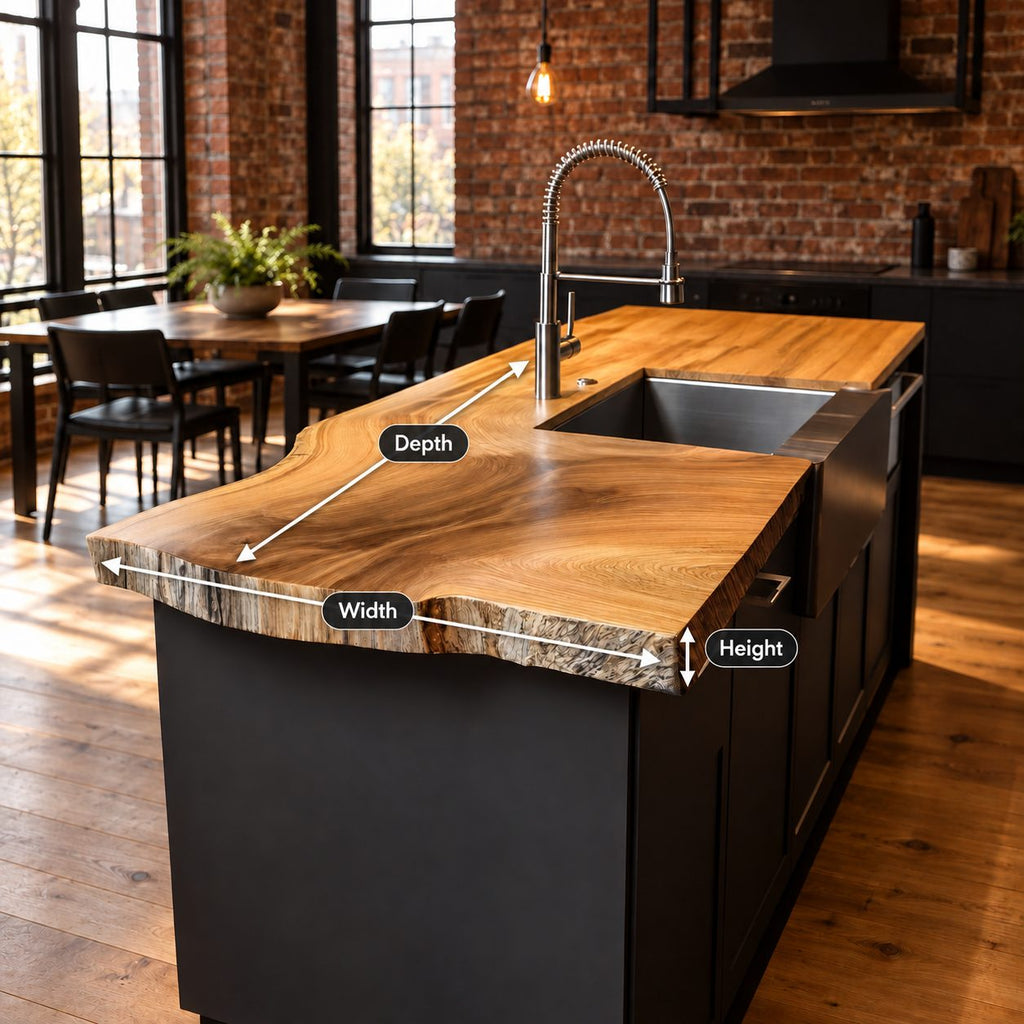 Sink Cut-Out Live Edge Kitchen Countertop, Solid Wood Island Top with Wavy Natural Front 47-100 Inch