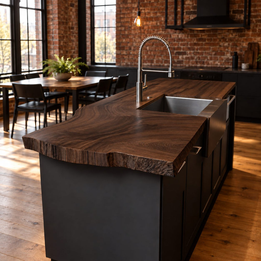 Sink Cut-Out Live Edge Kitchen Countertop, Solid Wood Island Top with Wavy Natural Front 47-100 Inch