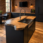 Curved Inlet Live Edge Island Countertop with Sink Opening, Solid Wood Kitchen Slab 47-100 Inch