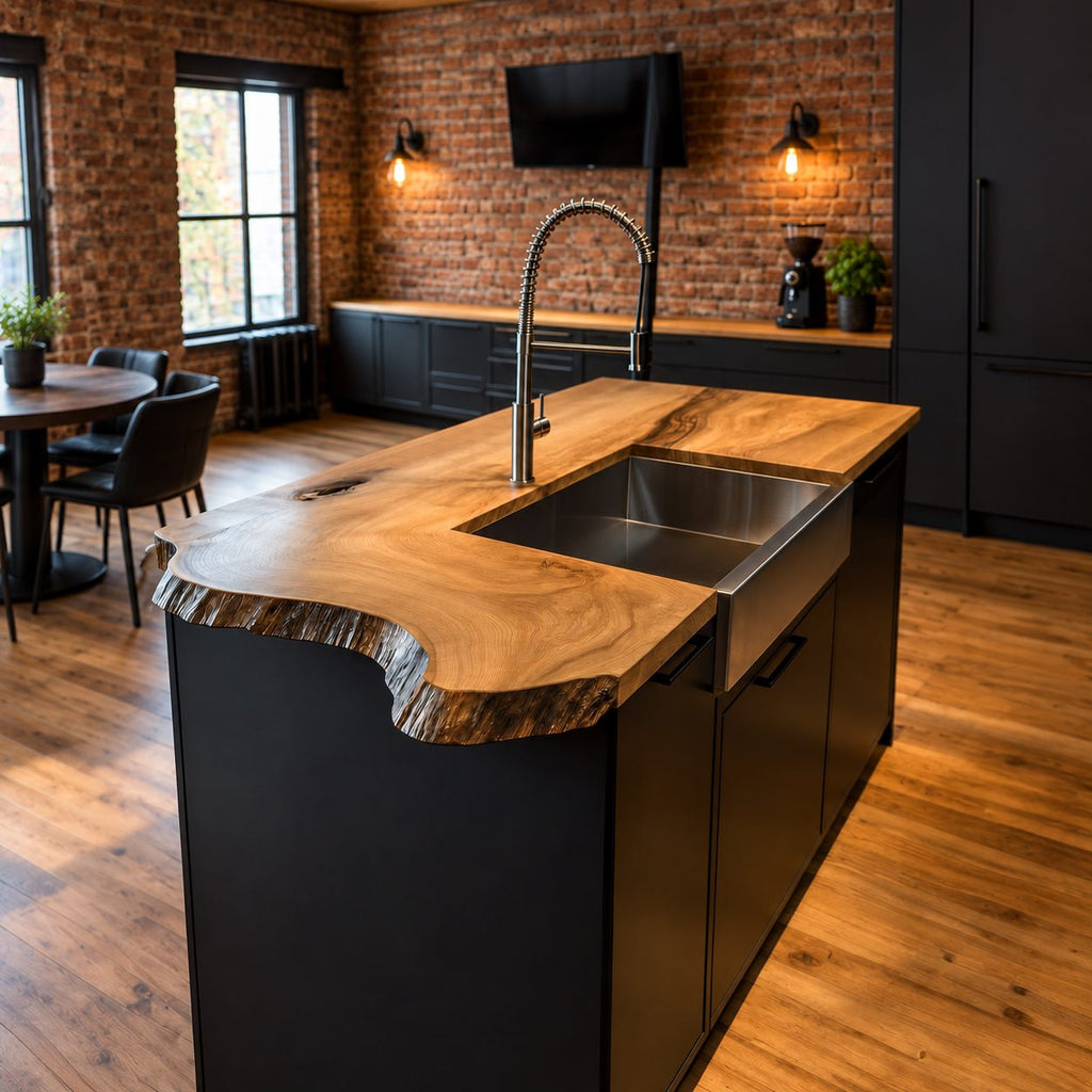 Curved Inlet Live Edge Island Countertop with Sink Opening, Solid Wood Kitchen Slab 47-100 Inch
