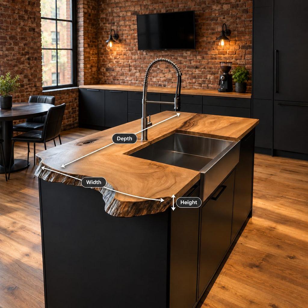 Curved Inlet Live Edge Island Countertop with Sink Opening, Solid Wood Kitchen Slab 47-100 Inch