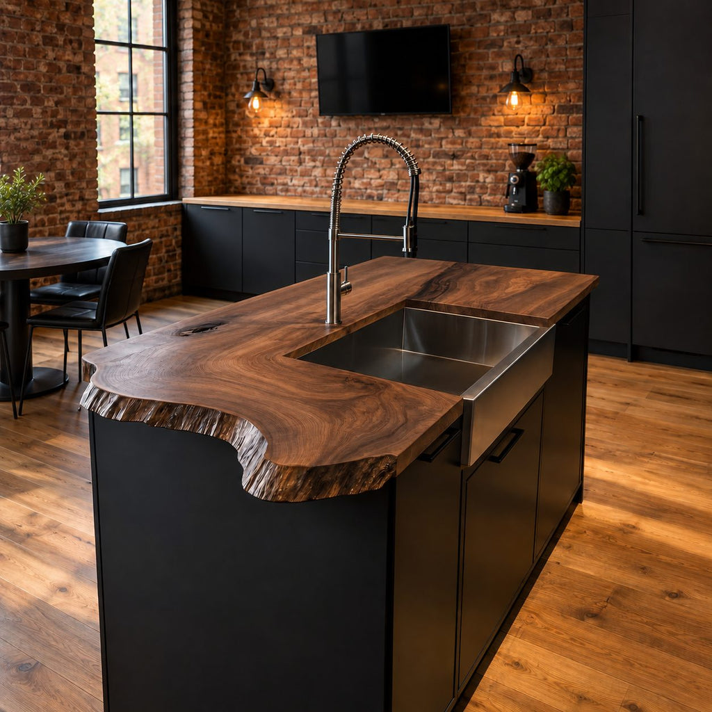 Curved Inlet Live Edge Island Countertop with Sink Opening, Solid Wood Kitchen Slab 47-100 Inch