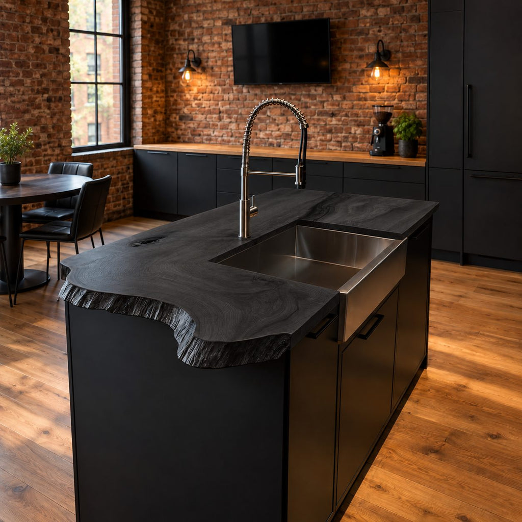 Curved Inlet Live Edge Island Countertop with Sink Opening, Solid Wood Kitchen Slab 47-100 Inch