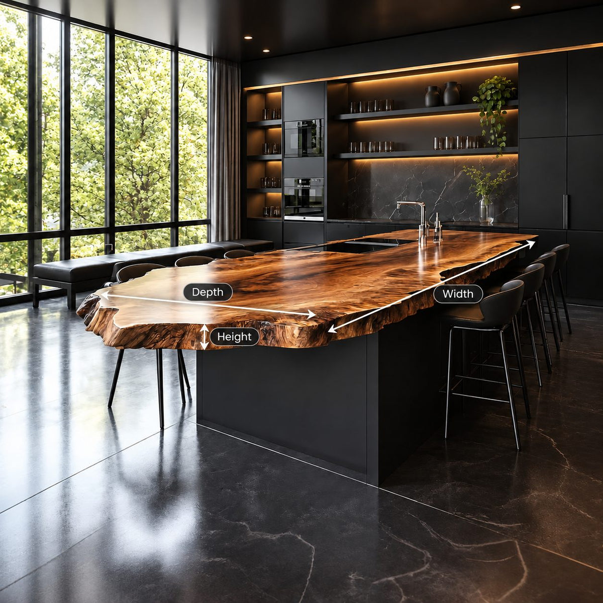 Extra Long Live Edge Kitchen Island Countertop, Solid Wood Dining Bar Slab with Rugged Edge 47-100 Inch