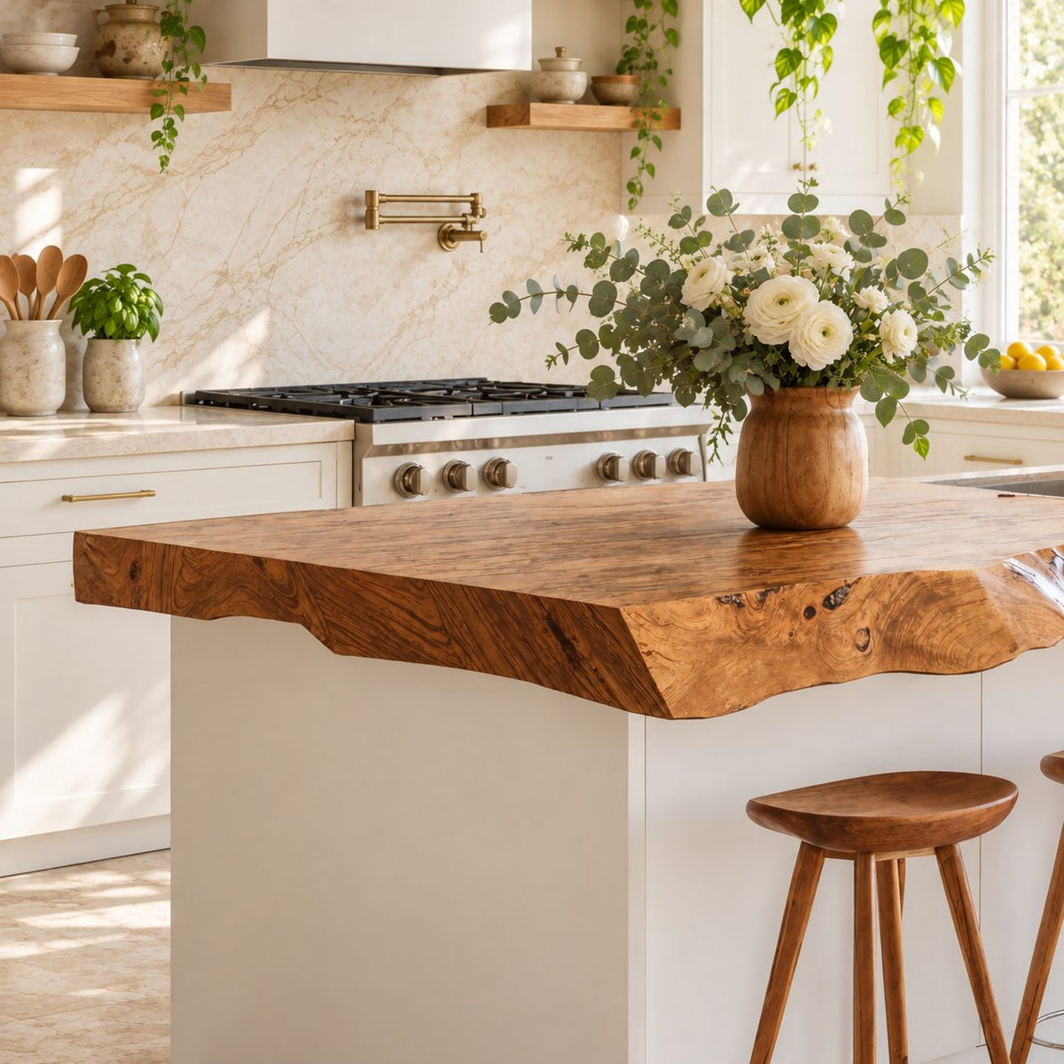 Rippled Edge Live Edge Kitchen Island Countertop, Long Solid Wood Bar Seating Top 32-71 Inch