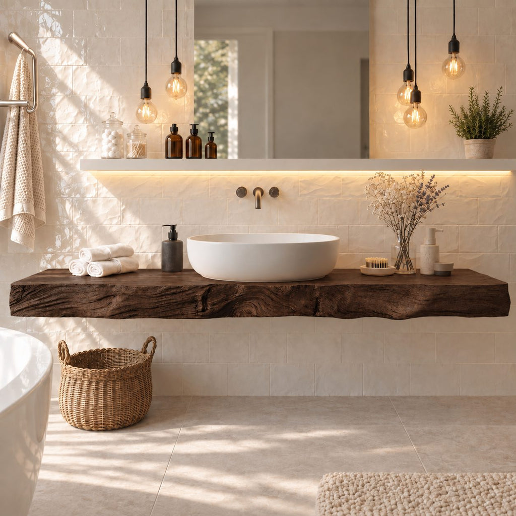Floating Bathroom Vanity 20-71 Inch, Thick Rustic Wood Slab Counter with Natural Grain Front Edge