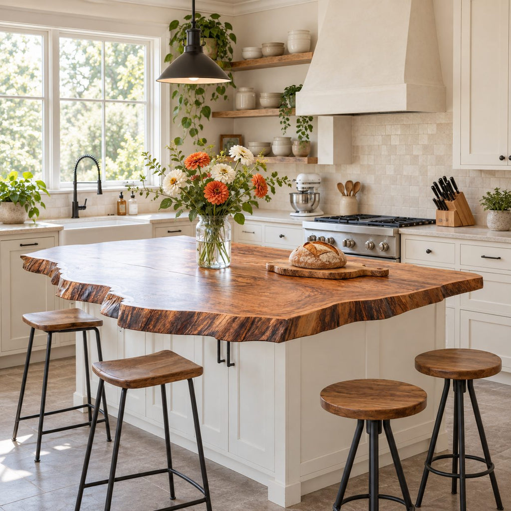 Jagged Bark Edge Kitchen Island Countertop, Solid Wood Live Edge Top with Stepped Corners 32-71 Inch