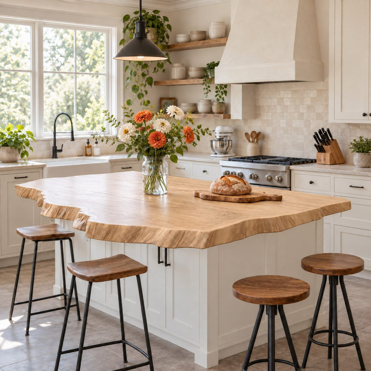 Jagged Bark Edge Kitchen Island Countertop, Solid Wood Live Edge Top with Stepped Corners 32-71 Inch