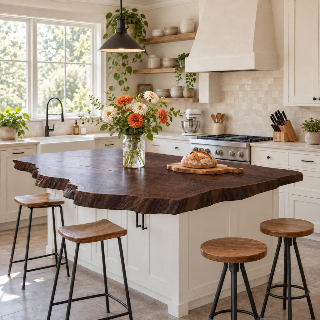 Jagged Bark Edge Kitchen Island Countertop, Solid Wood Live Edge Top with Stepped Corners 32-71 Inch