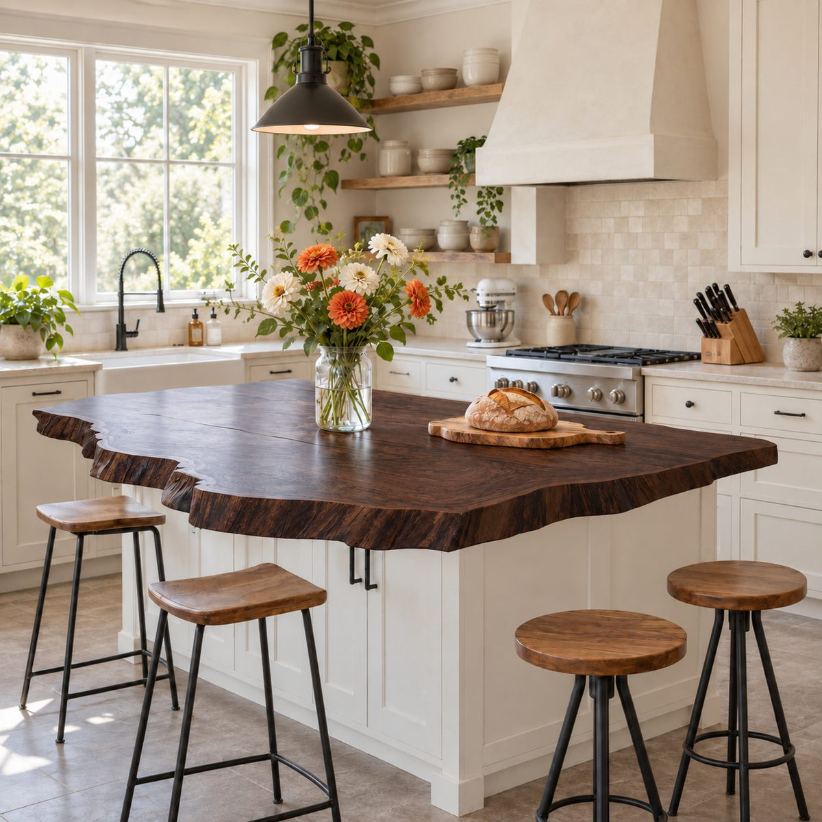 Jagged Bark Edge Kitchen Island Countertop, Solid Wood Live Edge Top with Stepped Corners 32-71 Inch
