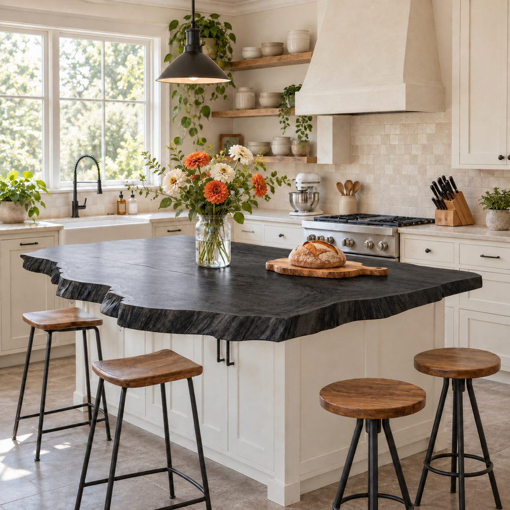Jagged Bark Edge Kitchen Island Countertop, Solid Wood Live Edge Top with Stepped Corners 32-71 Inch