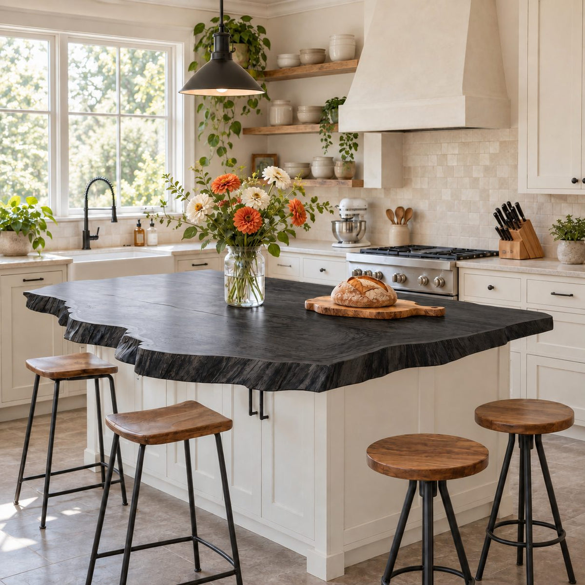 Jagged Bark Edge Kitchen Island Countertop, Solid Wood Live Edge Top with Stepped Corners 32-71 Inch