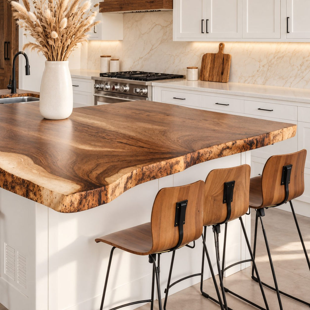Sapwood Rim Live Edge Kitchen Countertop, Solid Wood Island Top with Sink Opening 32-71 Inch