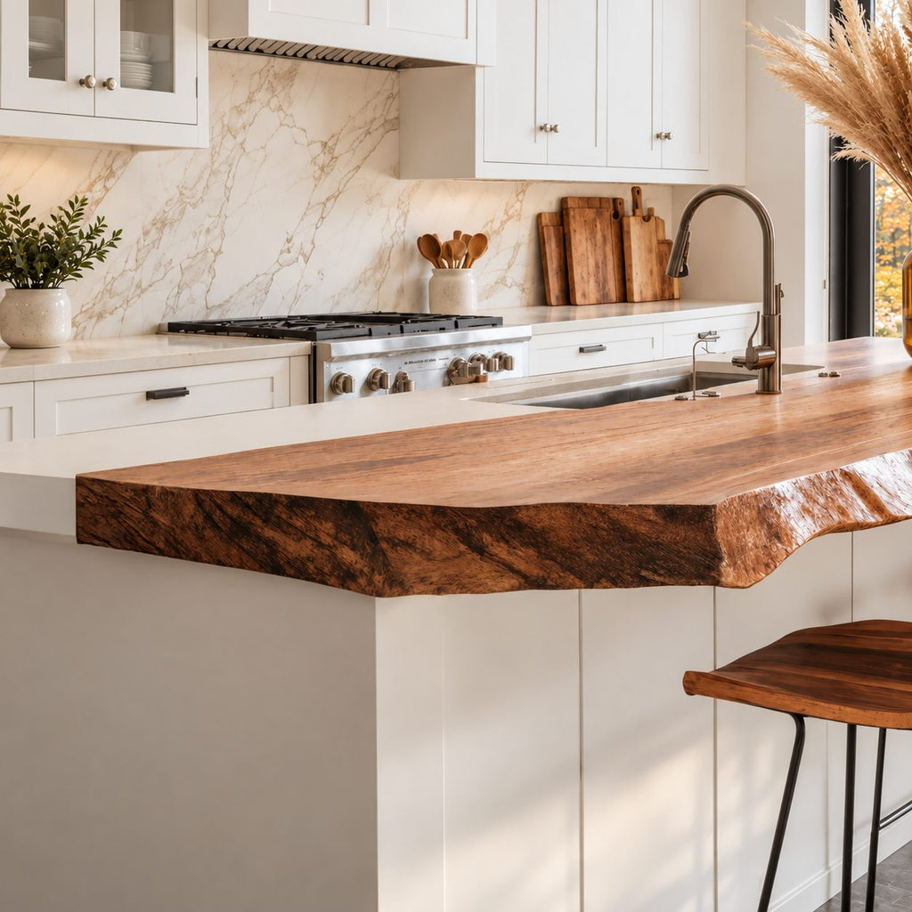 Raised Bar Live Edge Countertop, Solid Wood Breakfast Bar Top for Kitchen Island 32-71 Inch