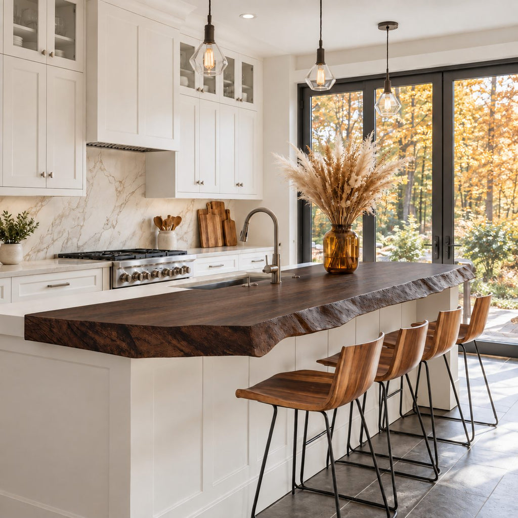 Raised Bar Live Edge Countertop, Solid Wood Breakfast Bar Top for Kitchen Island 32-71 Inch