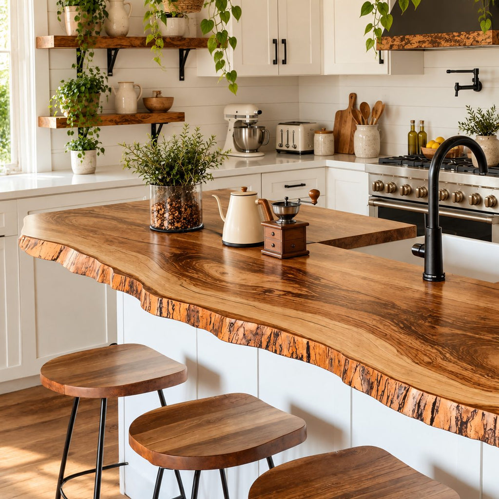 Notched Sink Live Edge Kitchen Countertop, Glossy Flame Grain Solid Wood Island Top 24-71 Inch