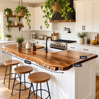 Notched Sink Live Edge Kitchen Countertop, Glossy Flame Grain Solid Wood Island Top 24-71 Inch