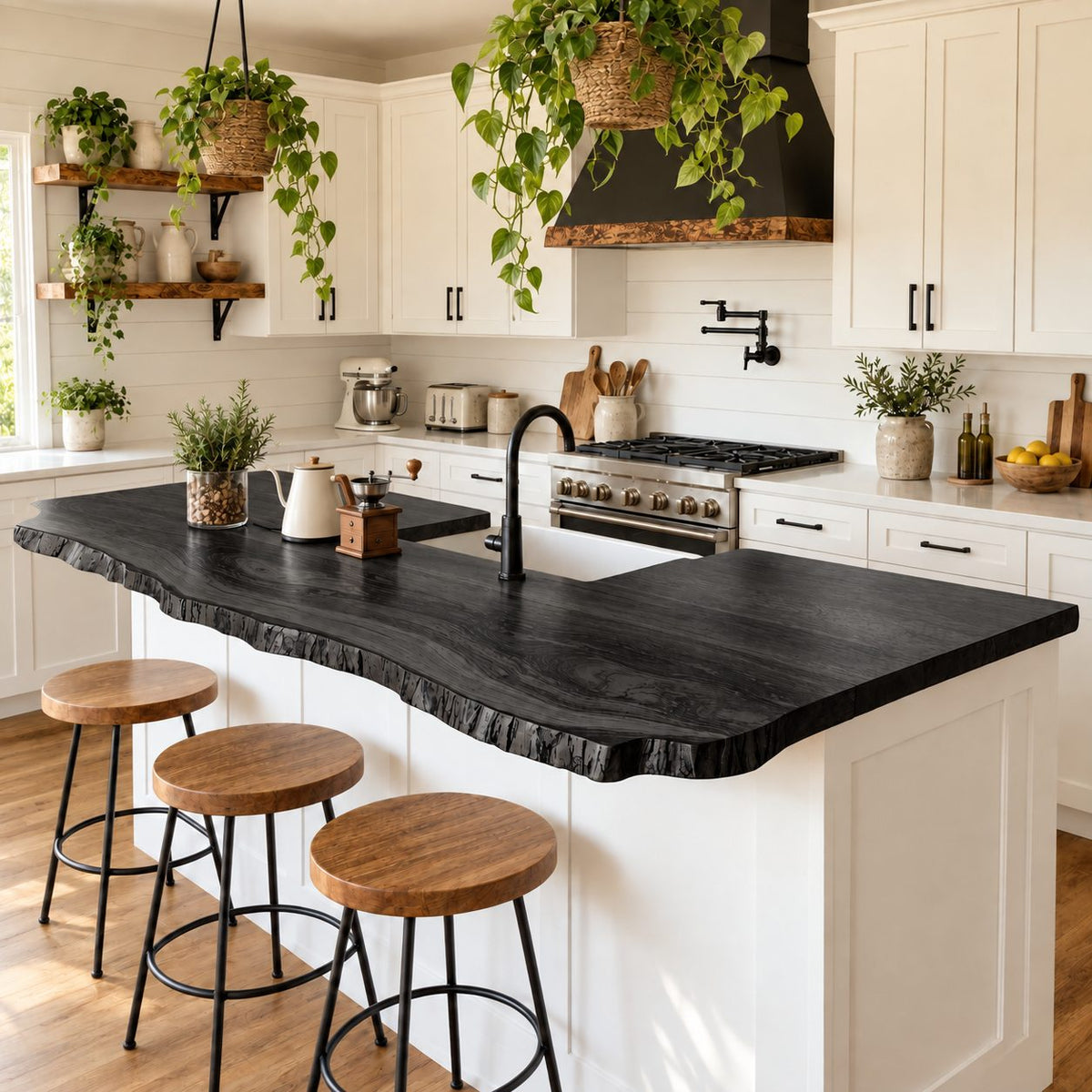 Notched Sink Live Edge Kitchen Countertop, Glossy Flame Grain Solid Wood Island Top 24-71 Inch