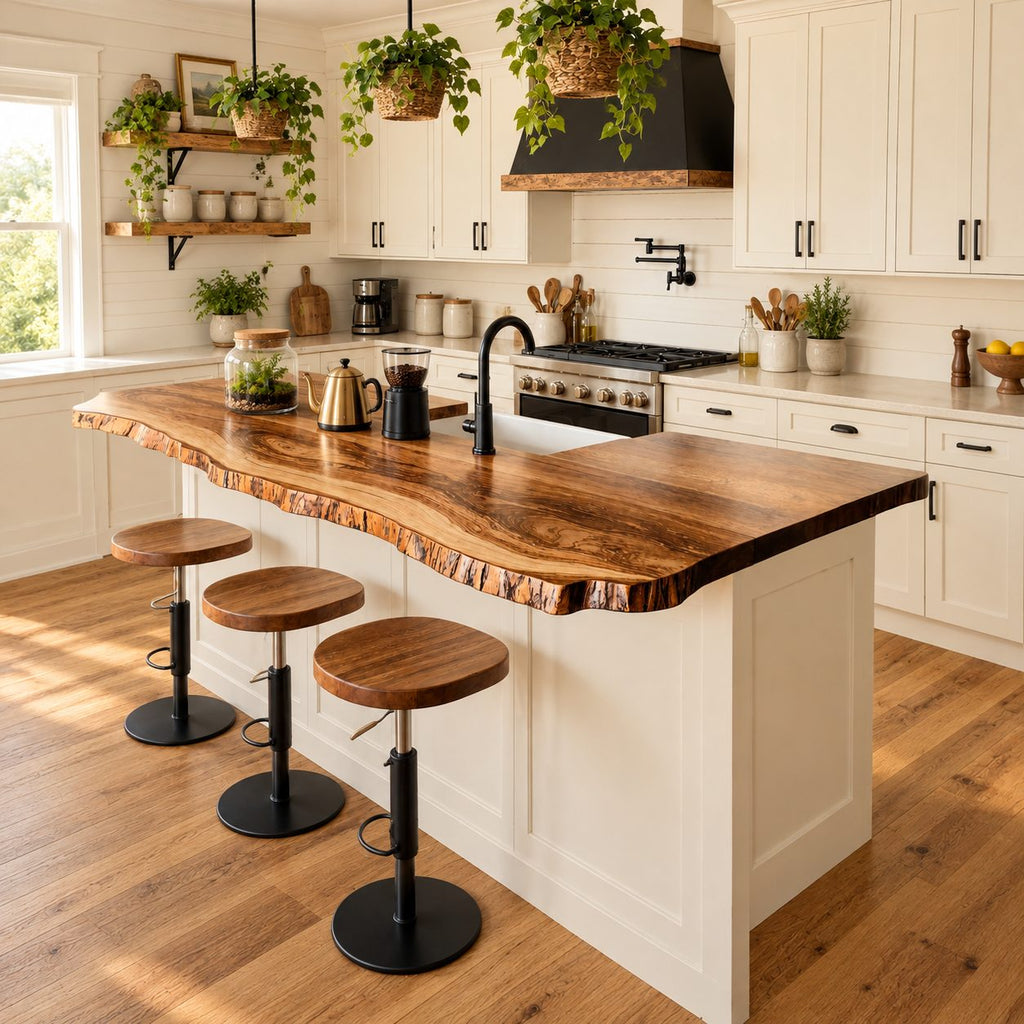 Bark Trim Live Edge Countertop, Solid Wood Kitchen Bar Top with Wavy Seating Side 24-71 Inch