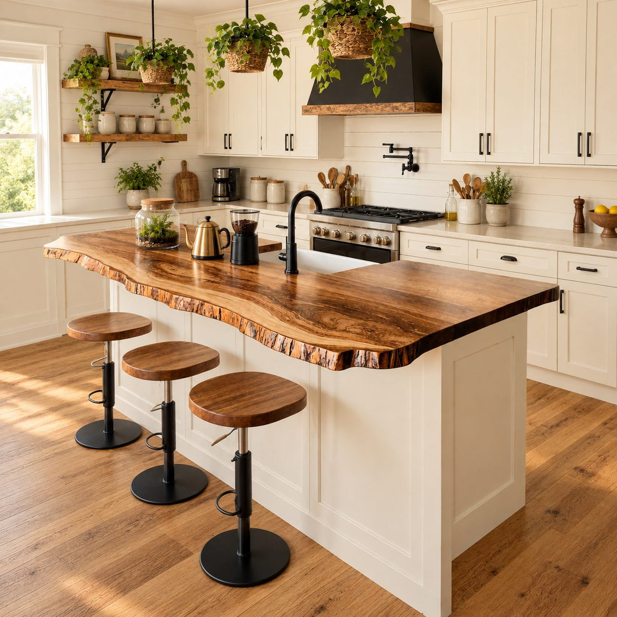 Bark Trim Live Edge Countertop, Solid Wood Kitchen Bar Top with Wavy Seating Side 24-71 Inch