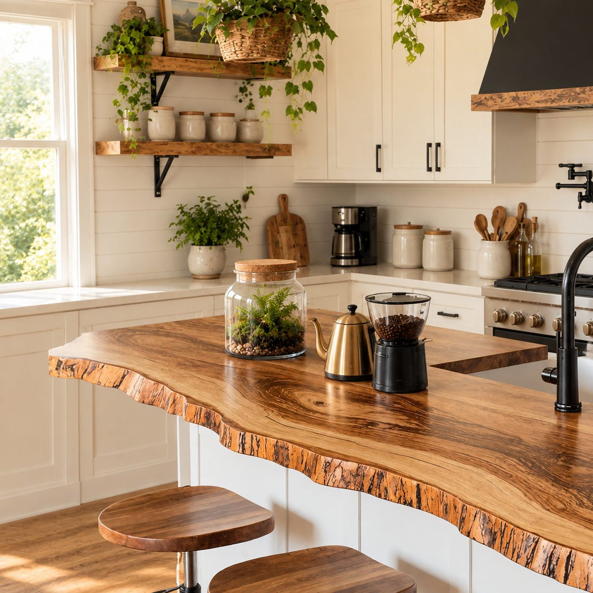 Bark Trim Live Edge Countertop, Solid Wood Kitchen Bar Top with Wavy Seating Side 24-71 Inch