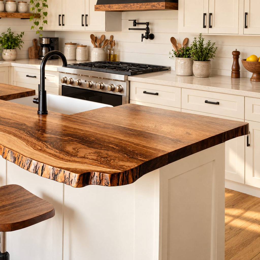 Bark Trim Live Edge Countertop, Solid Wood Kitchen Bar Top with Wavy Seating Side 24-71 Inch