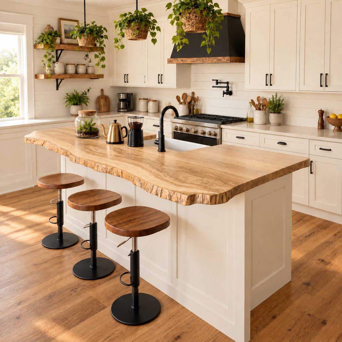 Bark Trim Live Edge Countertop, Solid Wood Kitchen Bar Top with Wavy Seating Side 24-71 Inch