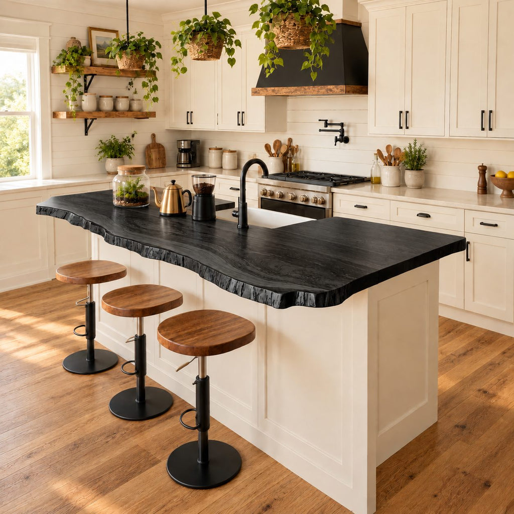 Bark Trim Live Edge Countertop, Solid Wood Kitchen Bar Top with Wavy Seating Side 24-71 Inch