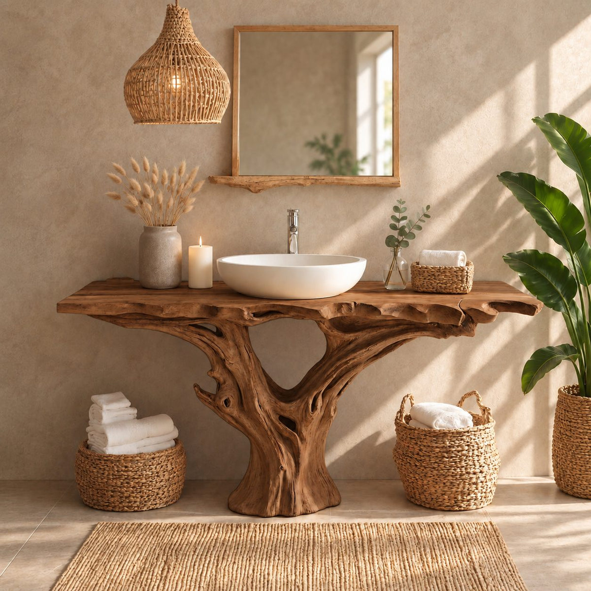 Tree Trunk Bathroom Vanity 30-80 Inch, Driftwood Root Base Freestanding Live Edge Vanity Table