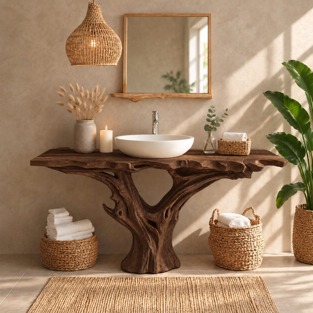 Tree Trunk Bathroom Vanity 30-80 Inch, Driftwood Root Base Freestanding Live Edge Vanity Table