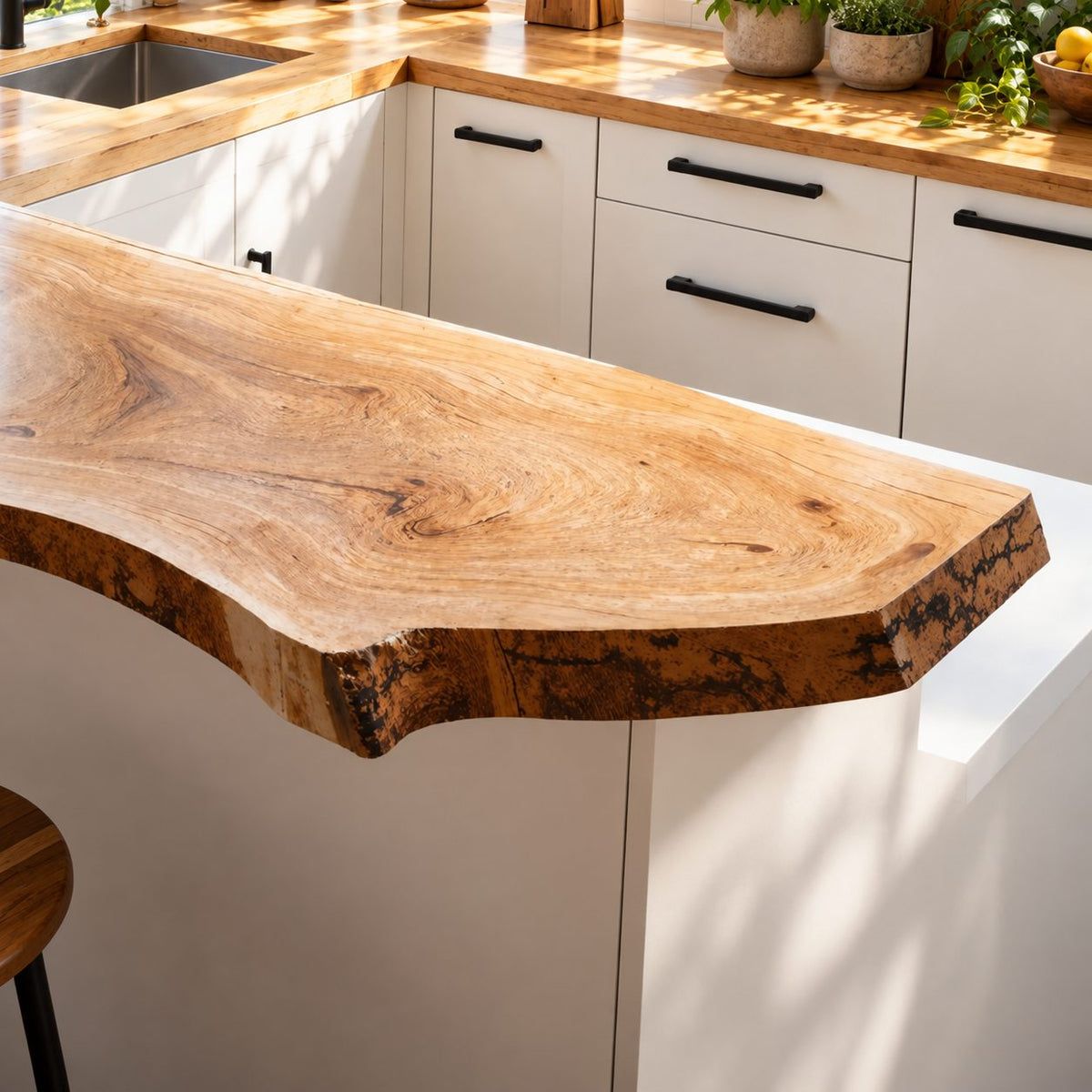 Peninsula Live Edge Bar Countertop, Solid Wood Kitchen Breakfast Bar Top with Curved End 24-71 Inch