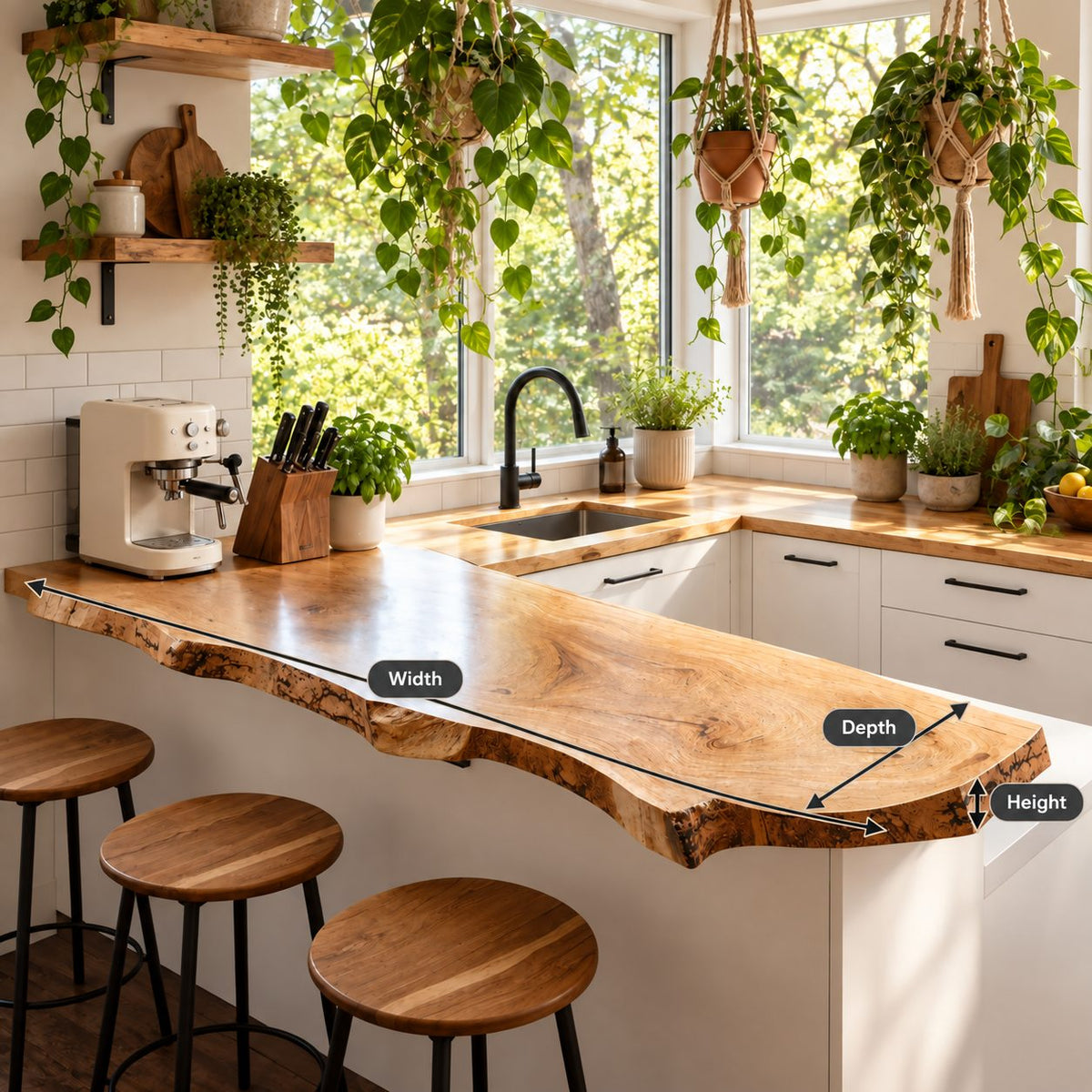 Peninsula Live Edge Bar Countertop, Solid Wood Kitchen Breakfast Bar Top with Curved End 24-71 Inch