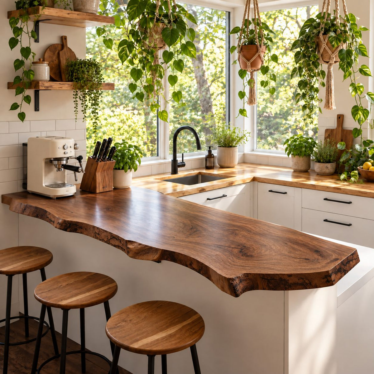 Peninsula Live Edge Bar Countertop, Solid Wood Kitchen Breakfast Bar Top with Curved End 24-71 Inch