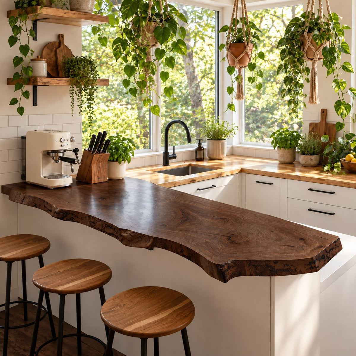 Peninsula Live Edge Bar Countertop, Solid Wood Kitchen Breakfast Bar Top with Curved End 24-71 Inch