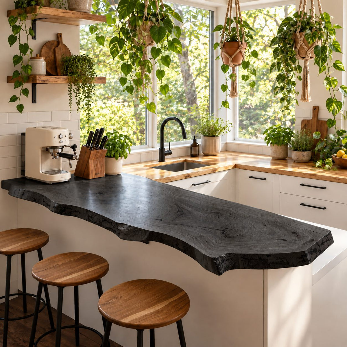Peninsula Live Edge Bar Countertop, Solid Wood Kitchen Breakfast Bar Top with Curved End 24-71 Inch