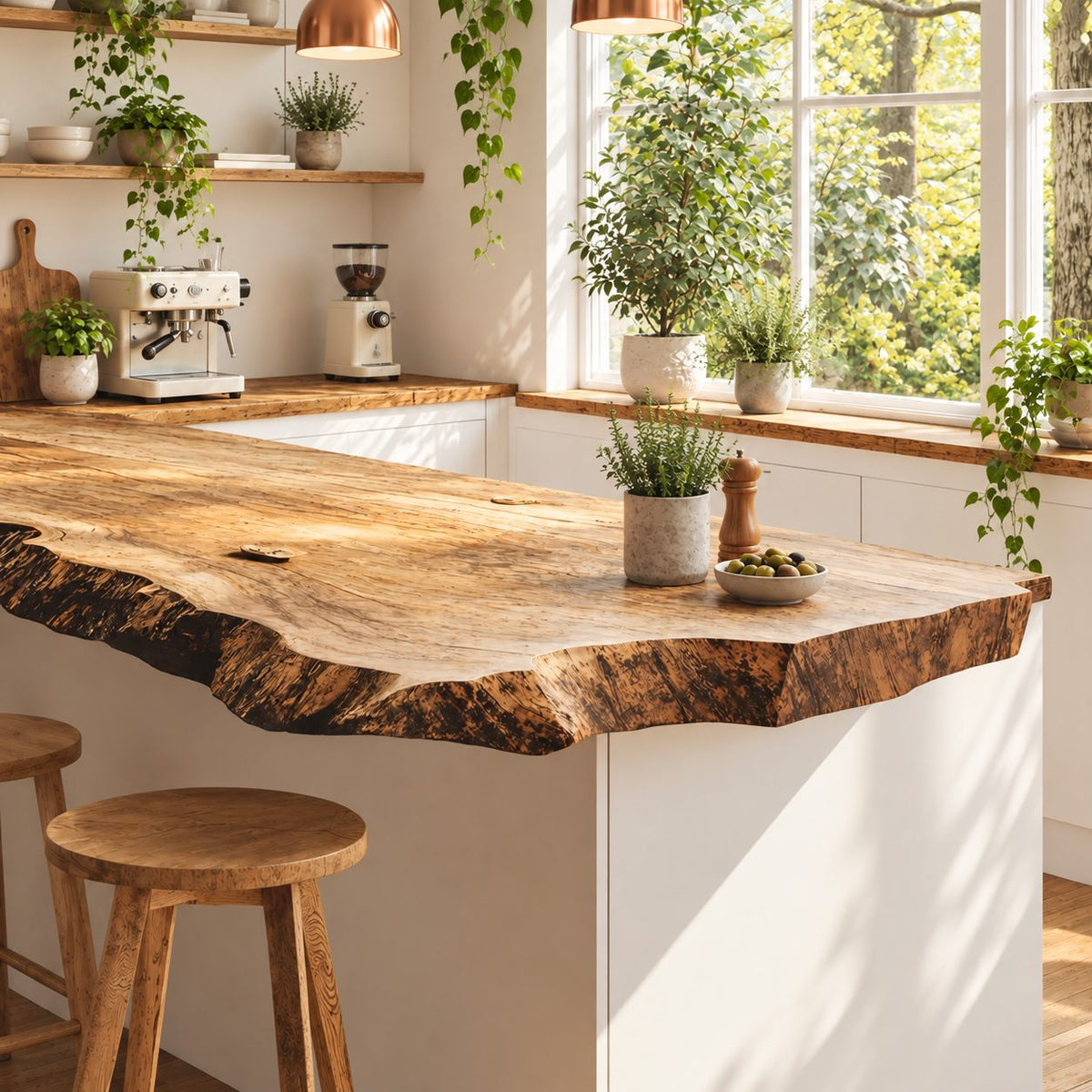 Weathered Edge Live Edge Peninsula Countertop, Rustic Solid Wood Kitchen Bar Slab 24-71 Inch