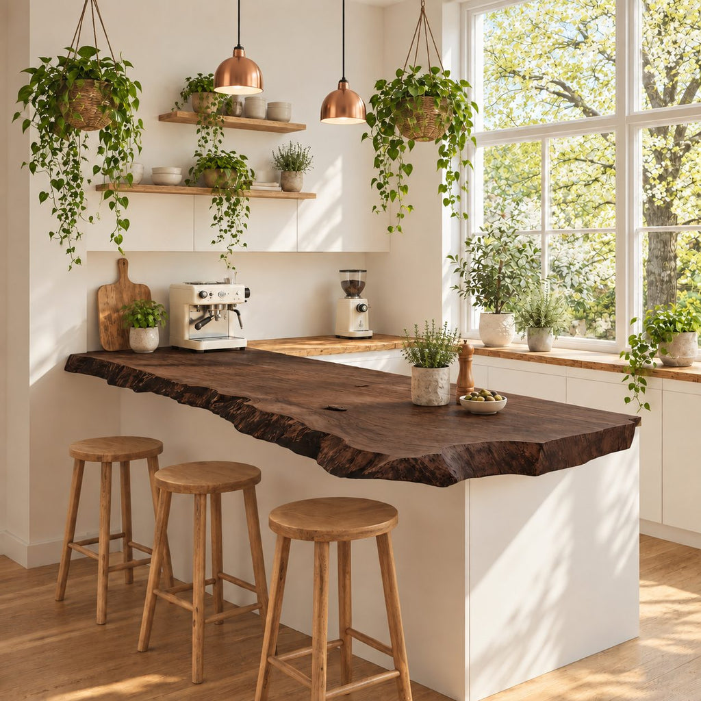 Weathered Edge Live Edge Peninsula Countertop, Rustic Solid Wood Kitchen Bar Slab 24-71 Inch