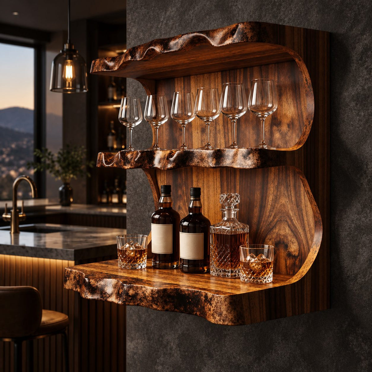 Wavy Live Edge Wine Bar Wall Shelf with Back Panel, Three Tier Solid Wood Home Bar Shelf for Bottles