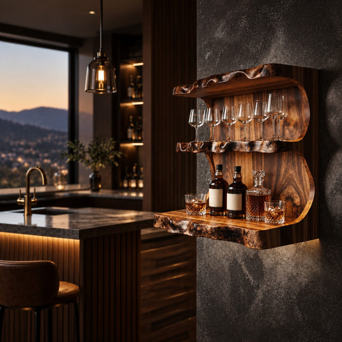 Wavy Live Edge Wine Bar Wall Shelf with Back Panel, Three Tier Solid Wood Home Bar Shelf for Bottles