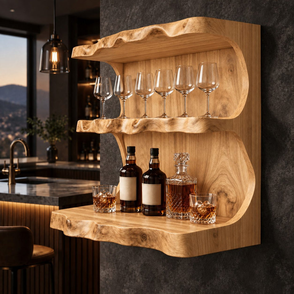 Wavy Live Edge Wine Bar Wall Shelf with Back Panel, Three Tier Solid Wood Home Bar Shelf for Bottles