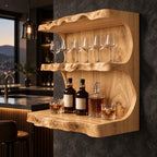 Wavy Live Edge Wine Bar Wall Shelf with Back Panel, Three Tier Solid Wood Home Bar Shelf for Bottles