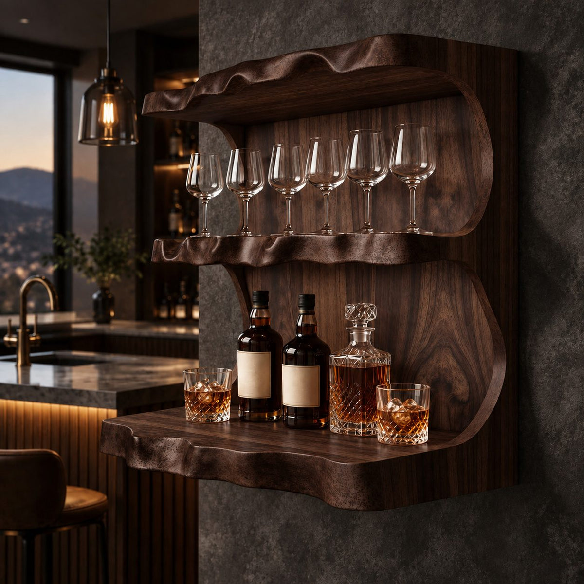 Wavy Live Edge Wine Bar Wall Shelf with Back Panel, Three Tier Solid Wood Home Bar Shelf for Bottles