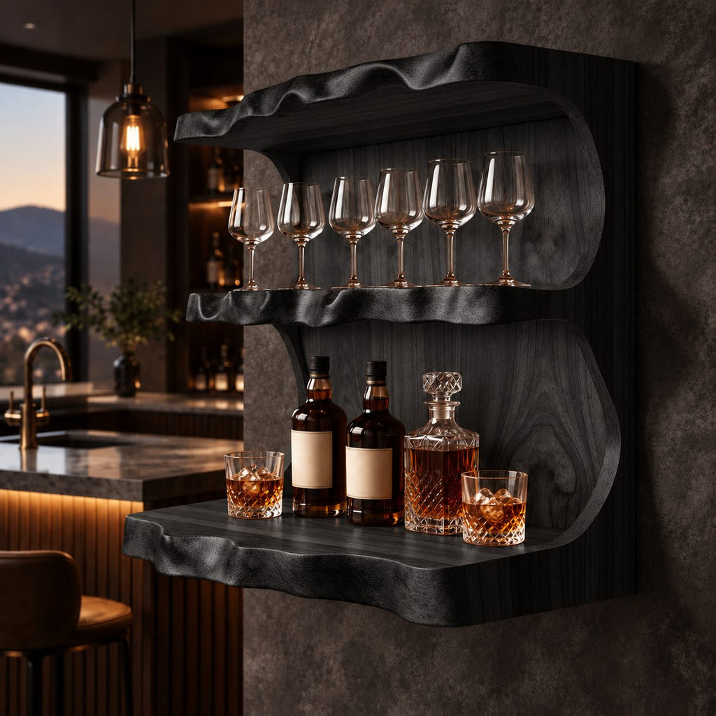 Wavy Live Edge Wine Bar Wall Shelf with Back Panel, Three Tier Solid Wood Home Bar Shelf for Bottles