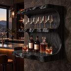 Wavy Live Edge Wine Bar Wall Shelf with Back Panel, Three Tier Solid Wood Home Bar Shelf for Bottles