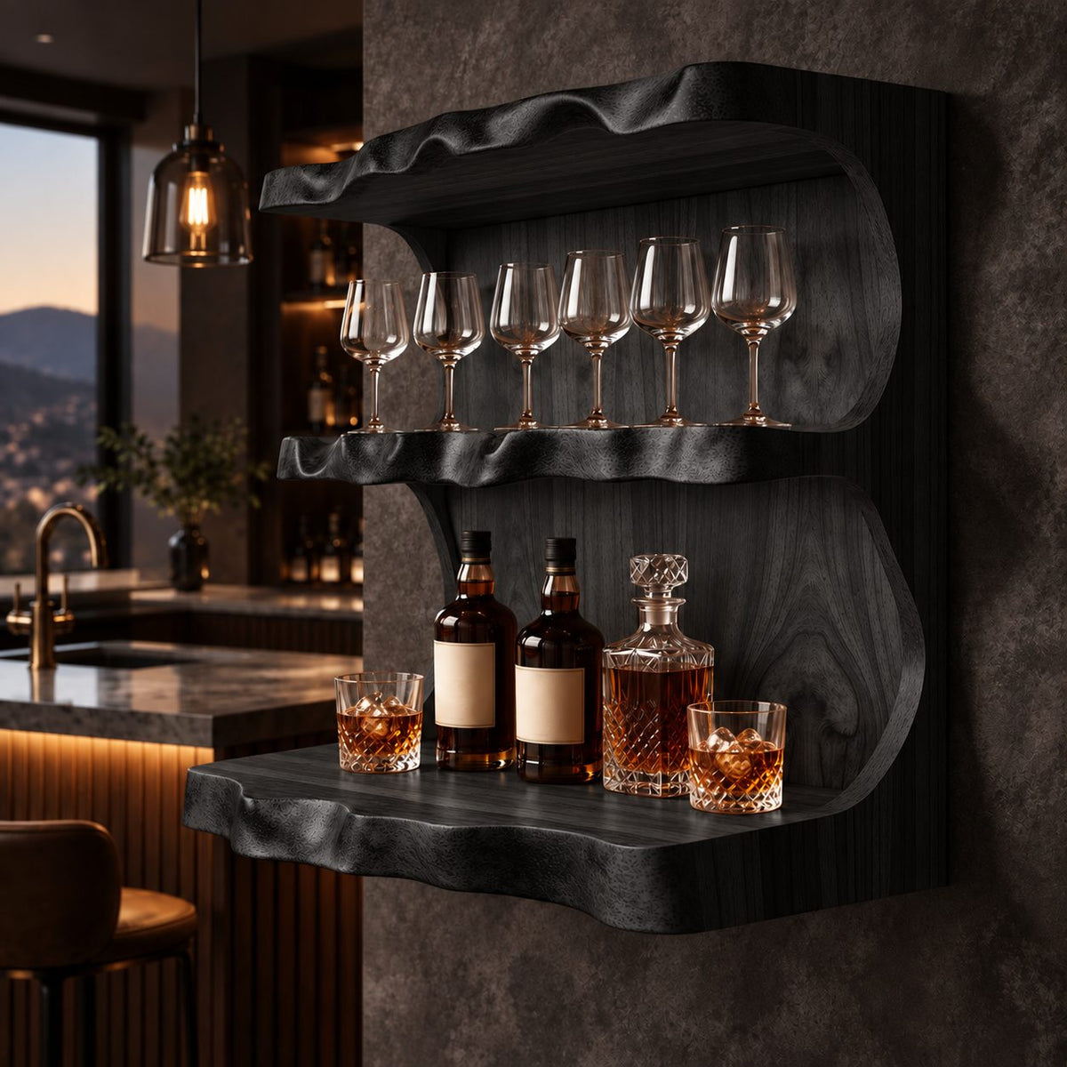 Wavy Live Edge Wine Bar Wall Shelf with Back Panel, Three Tier Solid Wood Home Bar Shelf for Bottles
