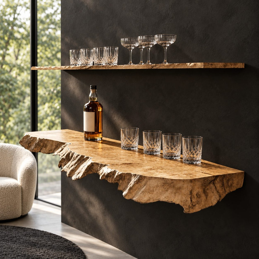 Burl Edge Floating Bar Shelf, Thick Rough Cut Live Edge Solid Wood Wall Shelf for Home Bar Bottles