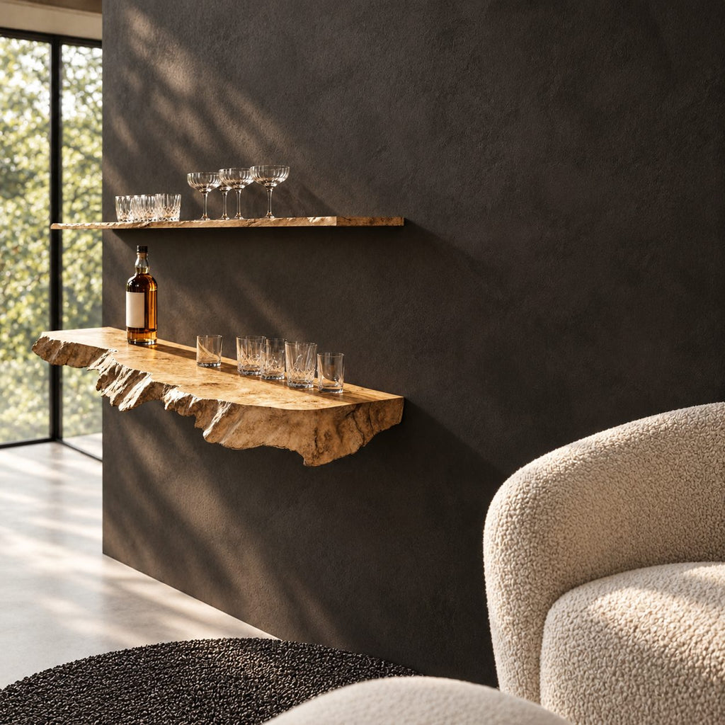 Burl Edge Floating Bar Shelf, Thick Rough Cut Live Edge Solid Wood Wall Shelf for Home Bar Bottles