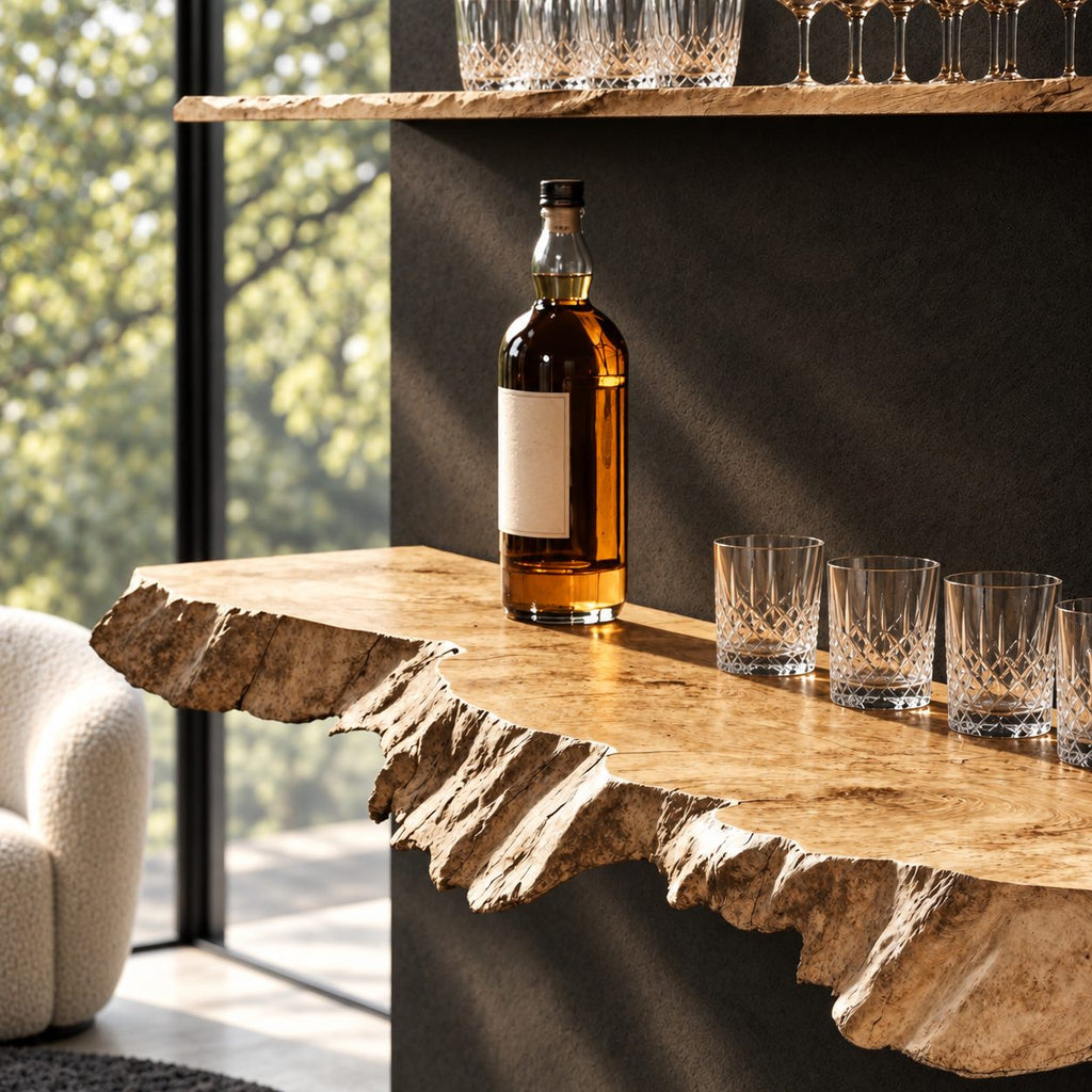 Burl Edge Floating Bar Shelf, Thick Rough Cut Live Edge Solid Wood Wall Shelf for Home Bar Bottles